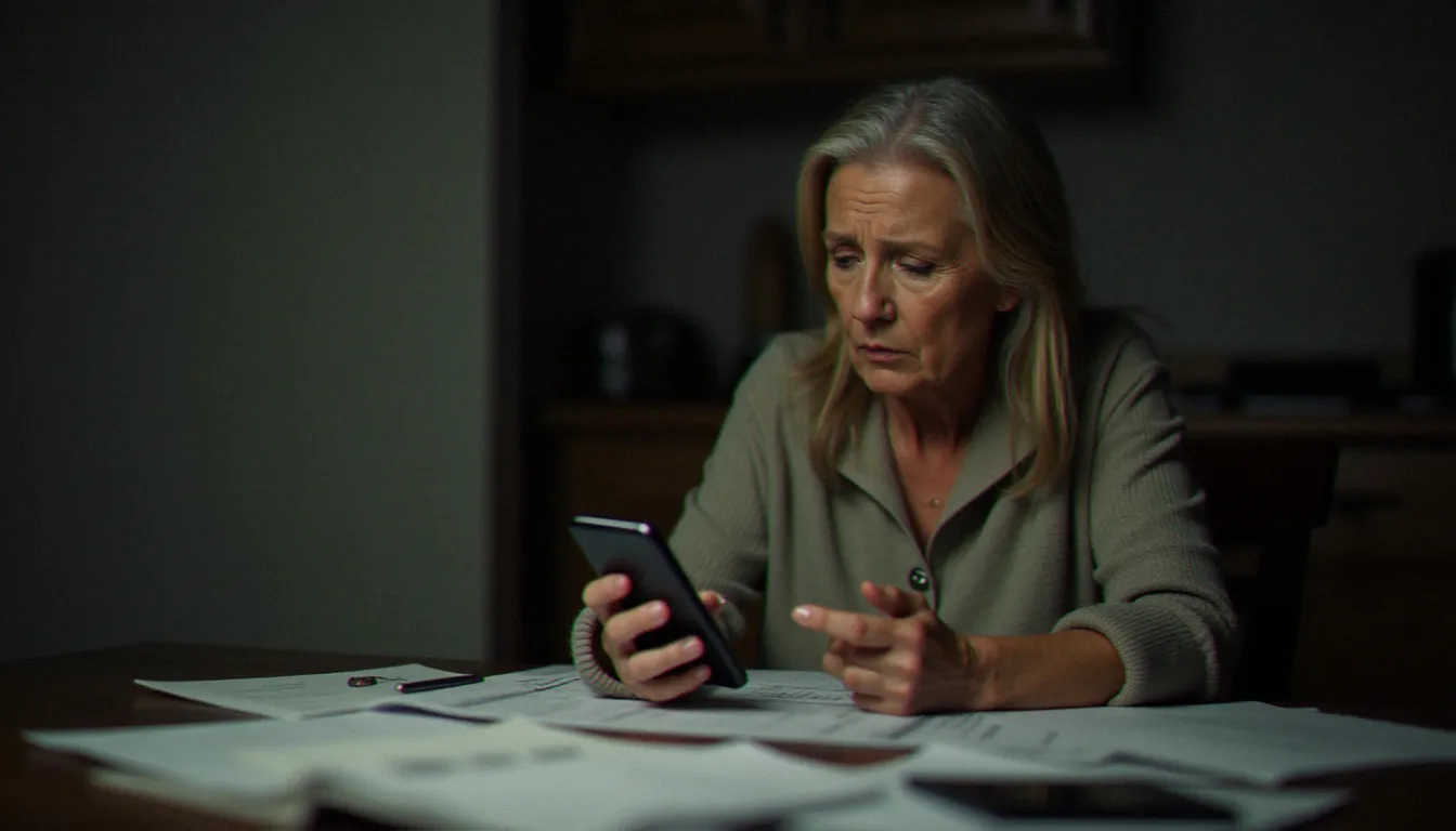 Une femme inquiète examine son téléphone après avoir reçu un appel frauduleux proposant de récupérer son argent CPF sur son compte bancaire, illustrant les arnaques au déblocage CPF