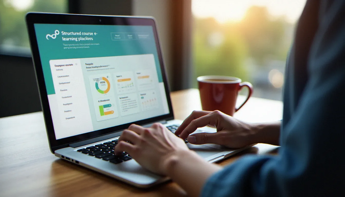 Mains tapant sur un clavier d'ordinateur portable avec une plateforme de formation en ligne ouverte, illustrant la préparation en e-learning à une certification SAP