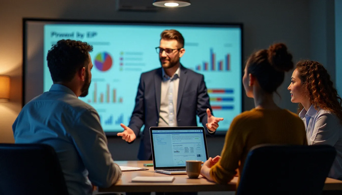 Équipe de professionnels certifiés SAP en réunion de projet autour d'un tableau de bord ERP projeté, illustrant la valeur professionnelle d'une certification SAP sur le marché de l'emploi