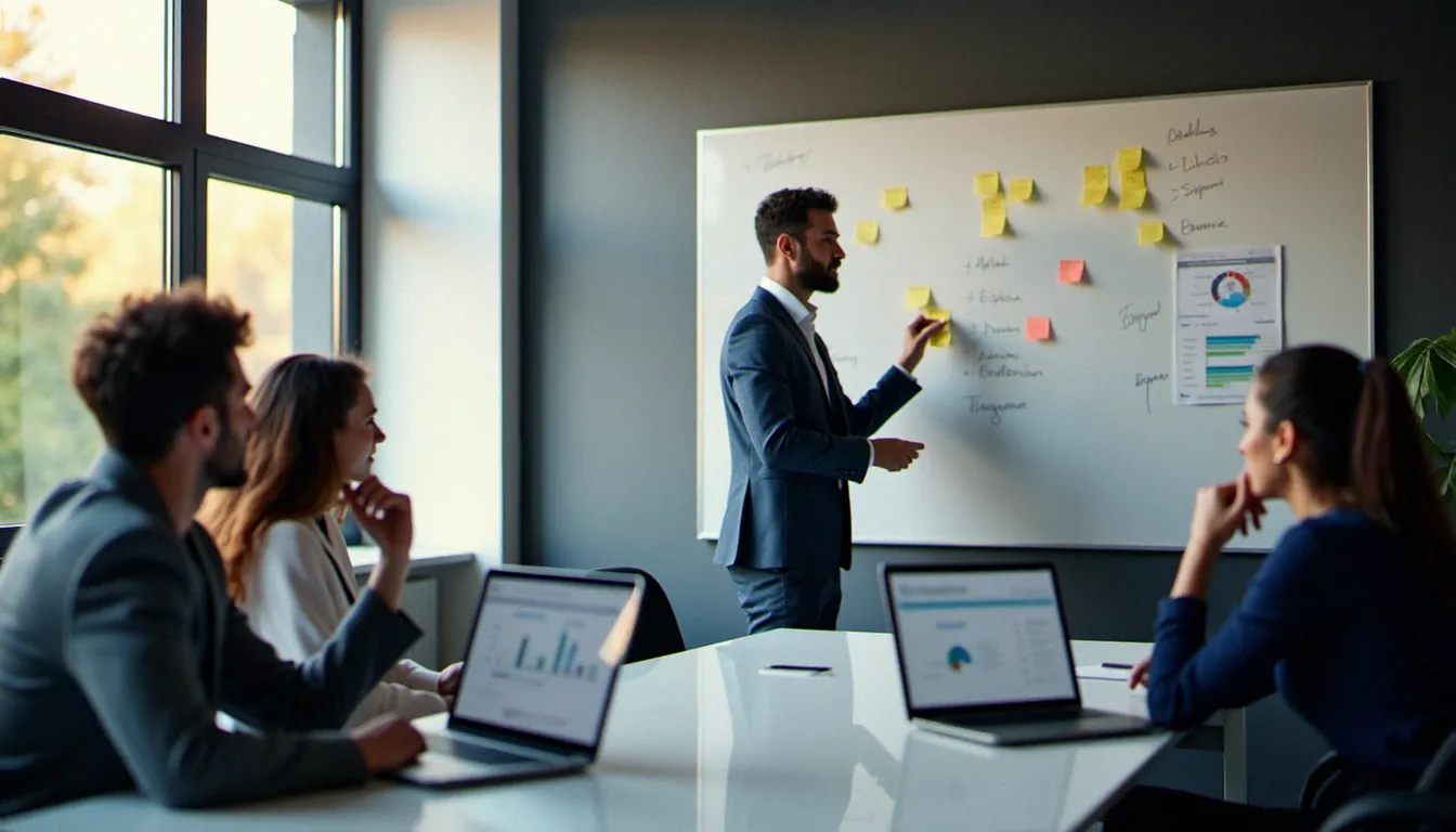 Équipe de professionnels certifiés SAP collaborant lors d'une session de formation en entreprise autour d'une solution ERP