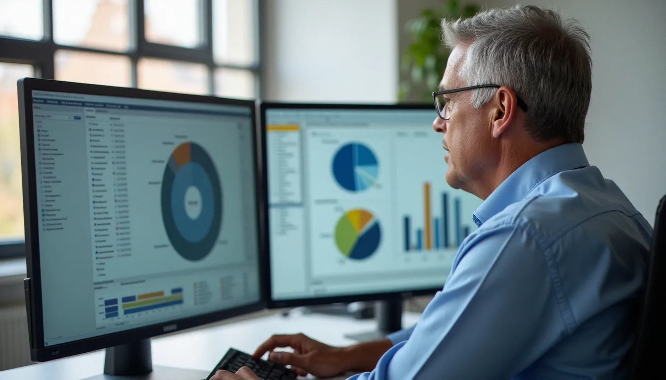 Consultant en formation professionnelle préparant une SAP certification certificate devant un écran d'ordinateur dans un bureau moderne