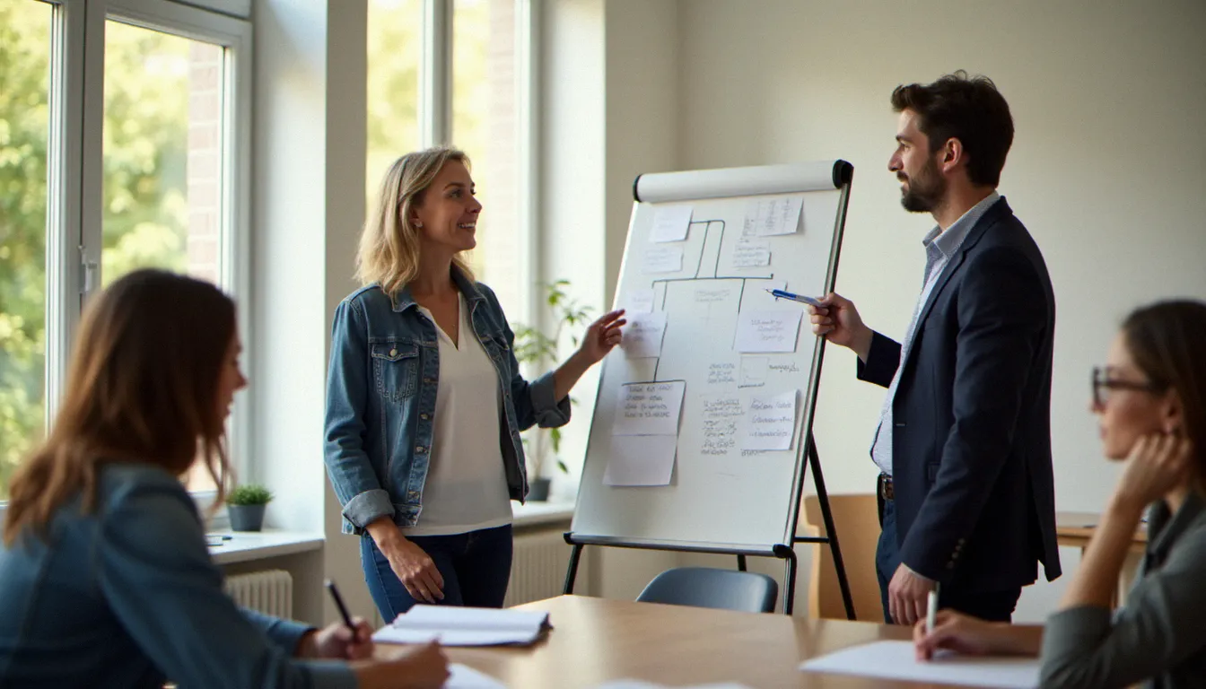Un groupe d'adultes en formation professionnelle dans un centre de reconversion en Normandie, illustrant la dynamique du taux de reconversion sectorielle