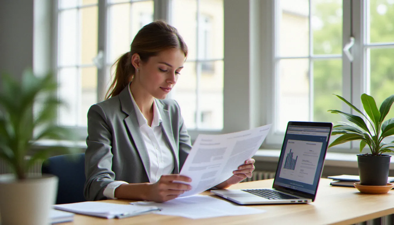 Une professionnelle en reconversion analysant des données sur le taux de reconversion professionnelle dans un bureau lumineux