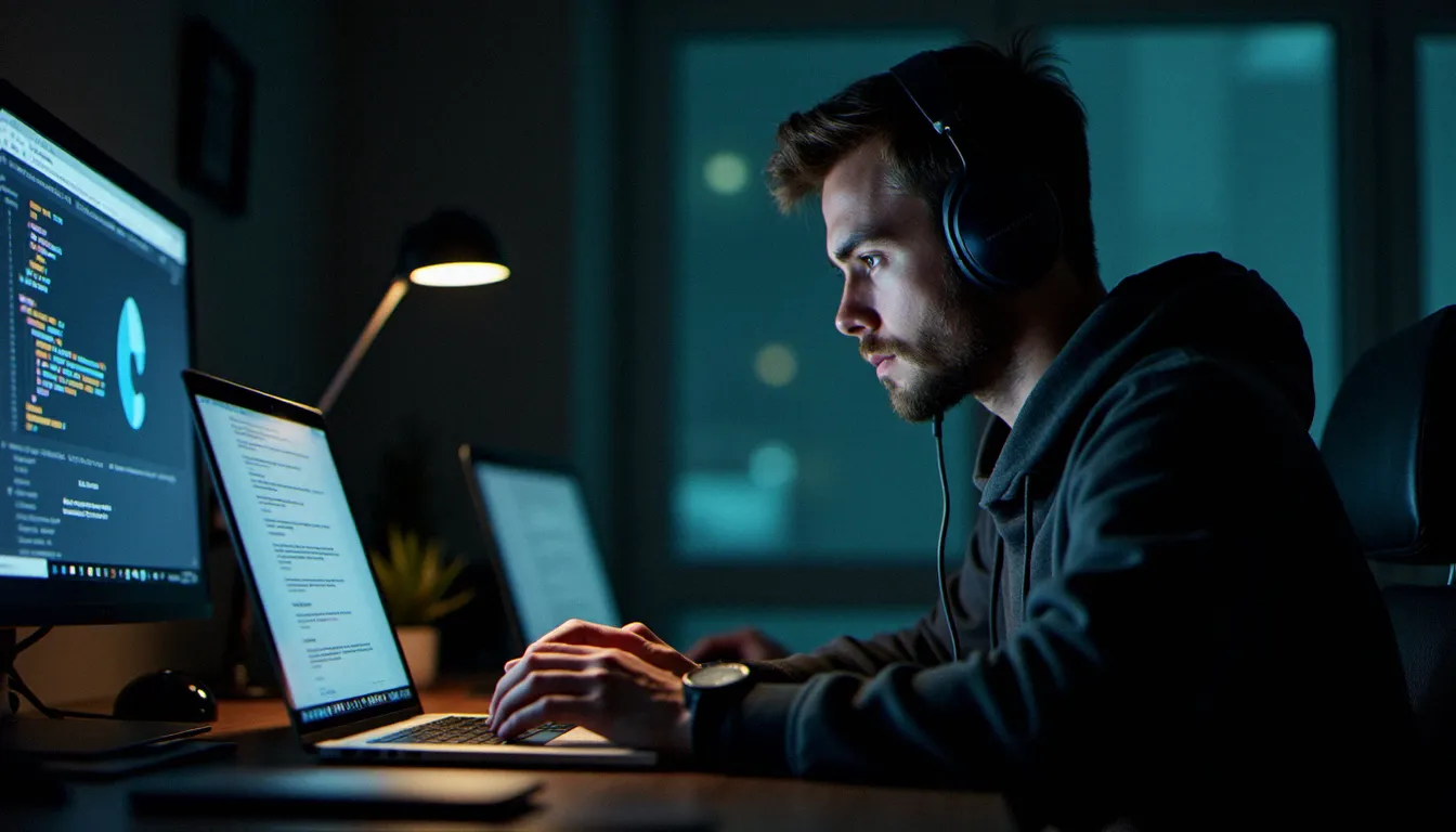 Professionnel en reconversion étudiant tard le soir à son bureau à domicile pour préparer un examen de certification SAP, illustrant la rigueur nécessaire à la préparation