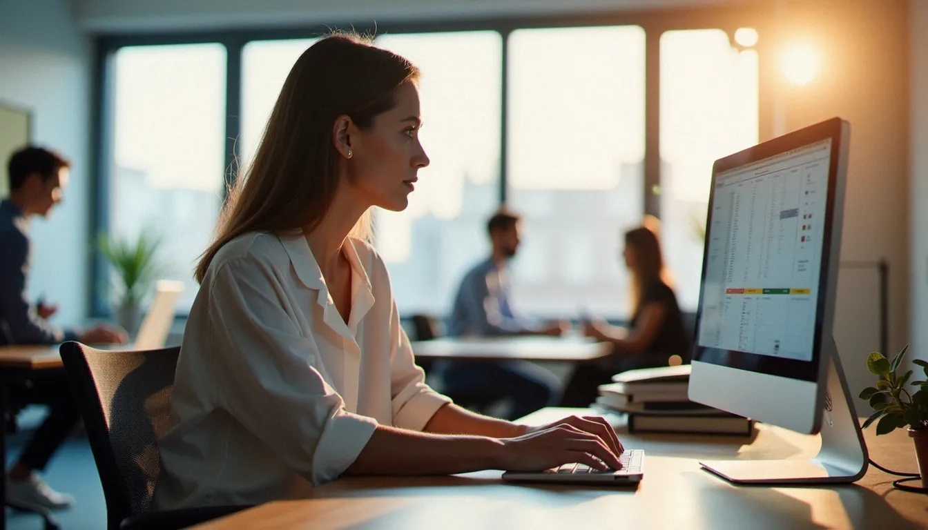 Une salariée recherche une formation éligible au CPF sur la plateforme Mon Compte Formation depuis son poste de travail en open space