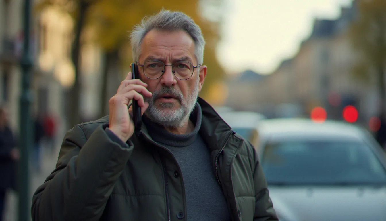 Un travailleur reçoit un appel téléphonique suspect de démarchage CPF dans une rue française, illustrant les arnaques au Compte Personnel de Formation