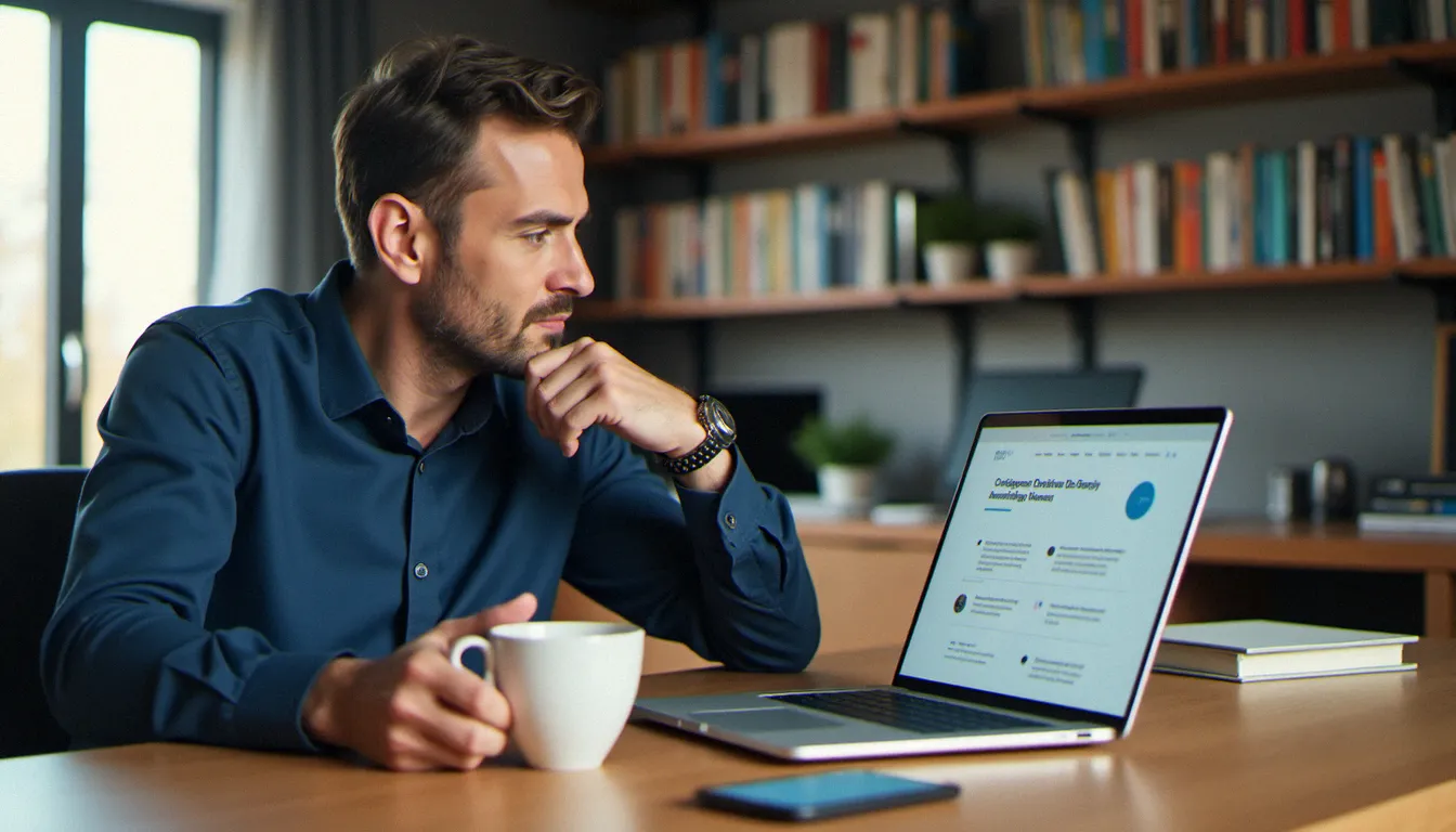Un consultant en formation professionnelle consulte la plateforme Mon Compte Formation pour récupérer l'argent du CPF sur son ordinateur portable
