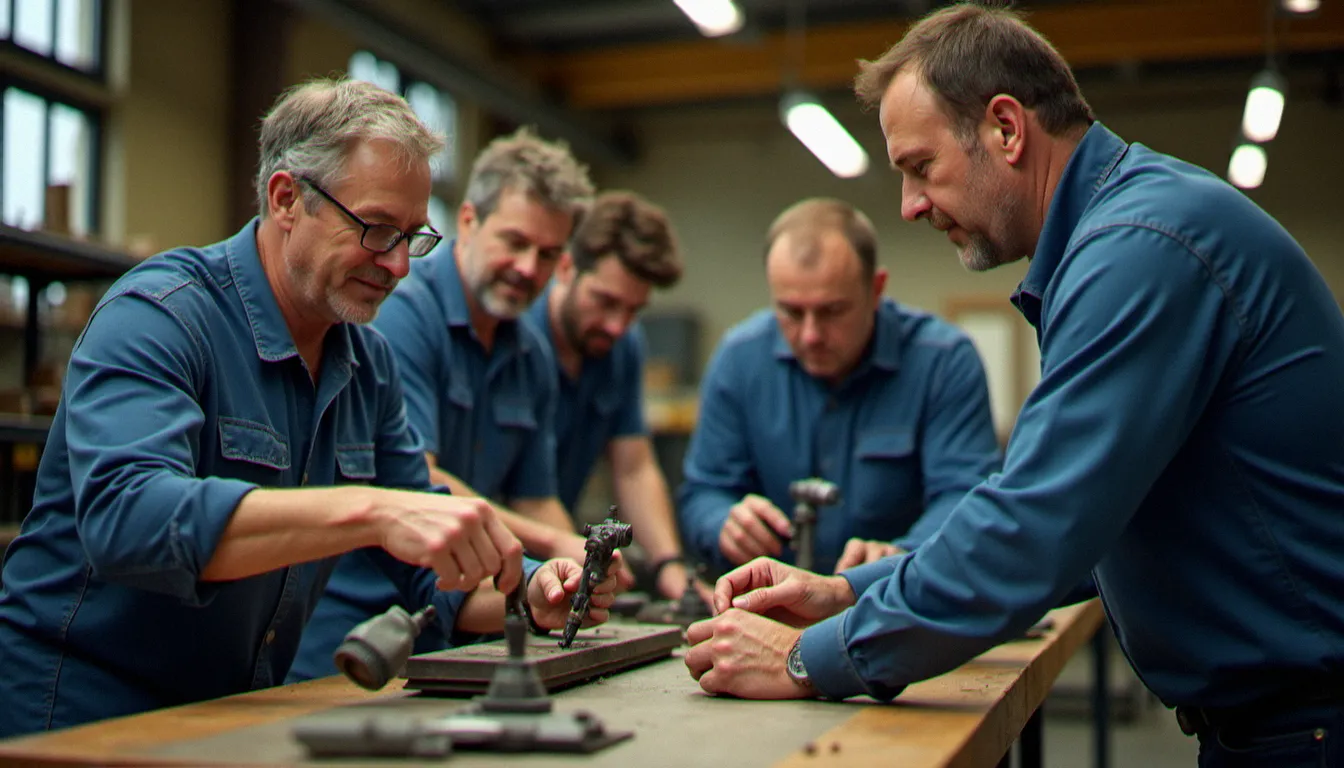 Des adultes en formation professionnelle dans un atelier de formation, encadrés par un formateur dans le cadre d'une préparation opérationnelle à l'emploi