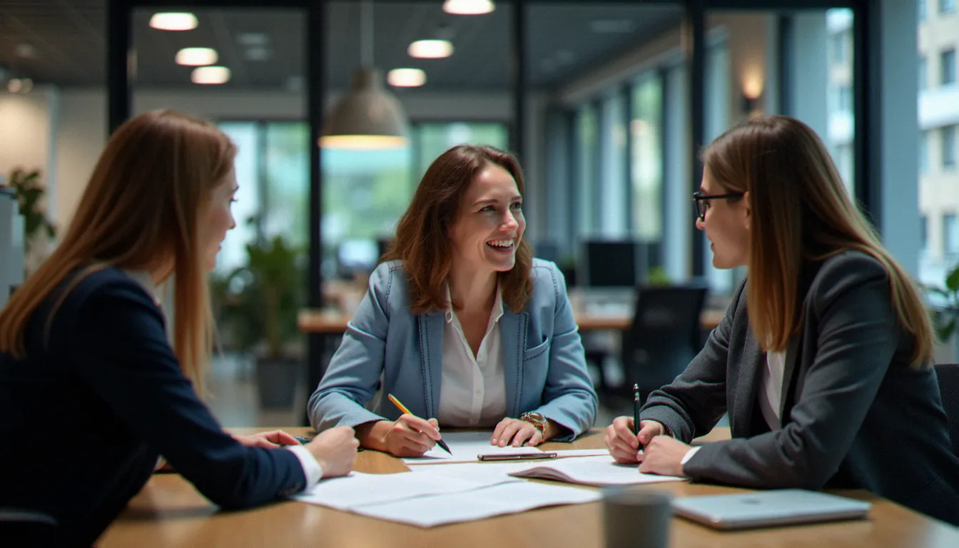 Un conseiller France Travail en réunion tripartite avec un employeur et un candidat pour finaliser une convention de formation POEI