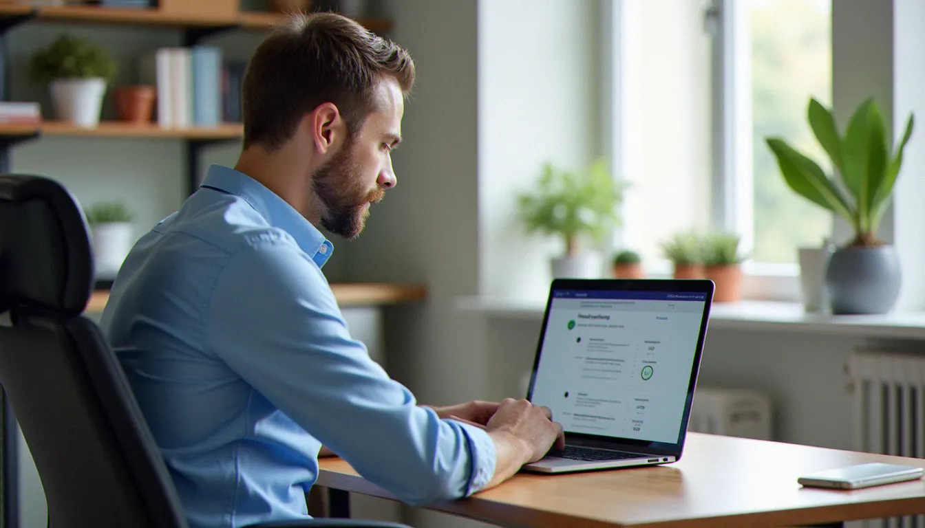 Un consultant en formation professionnelle consulte le montant maximum de son CPF sur son ordinateur portable dans un bureau lumineux