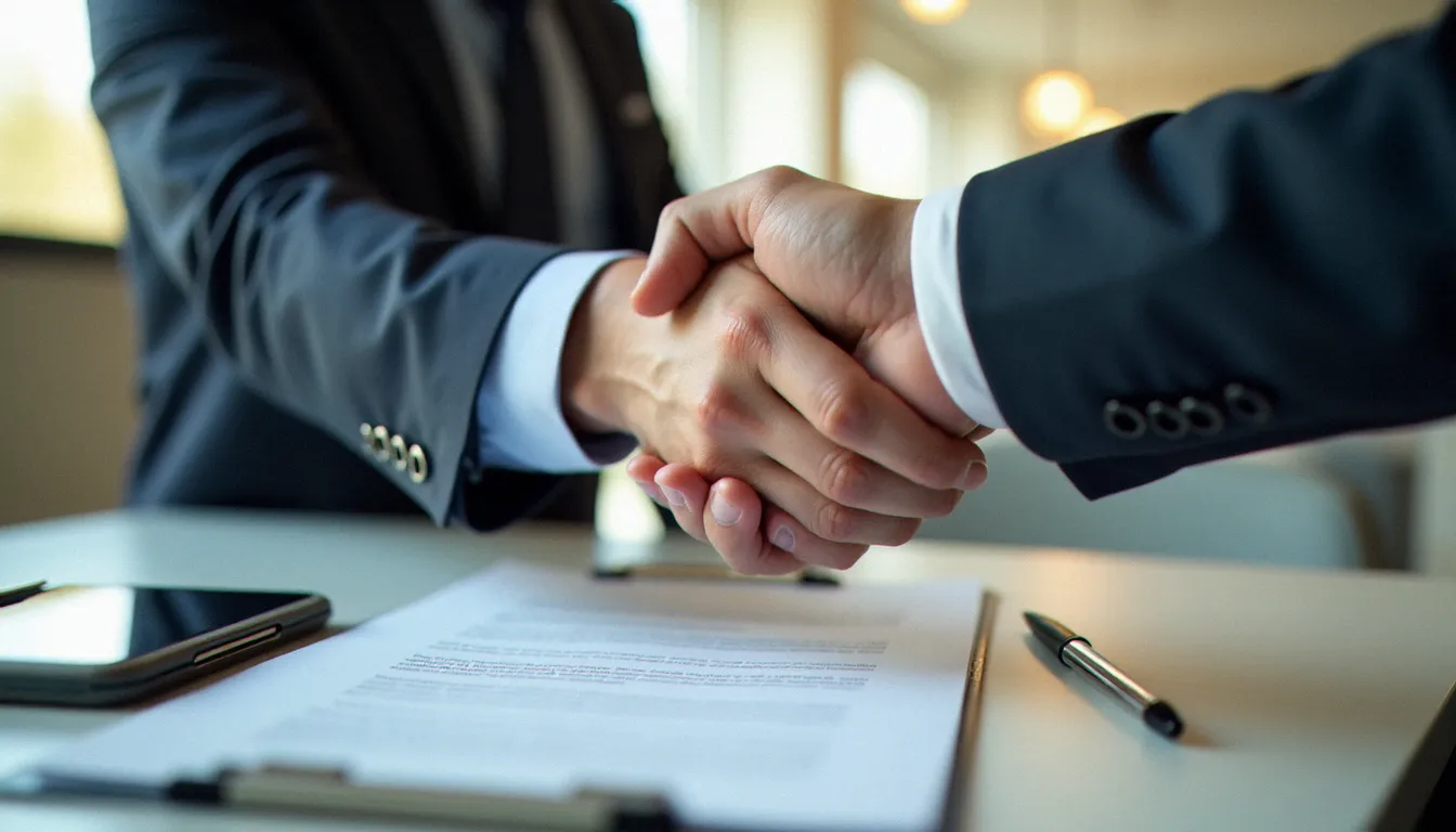 Poignée de main symbolisant la conclusion d'une vente réussie après un entretien de closing, illustrant les débouchés professionnels du métier