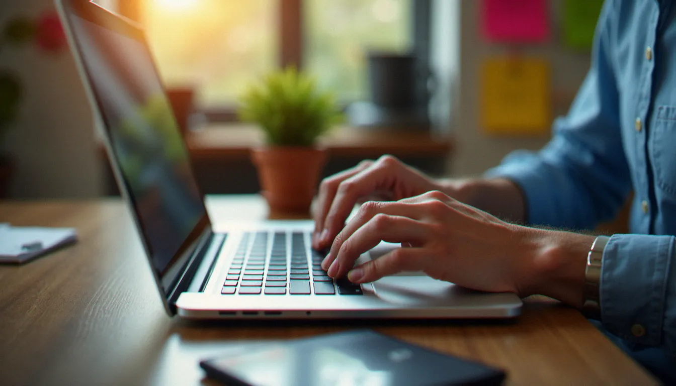 Community manager en activité gérant les réseaux sociaux d'une entreprise depuis son poste de travail