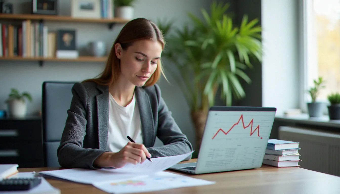 Une professionnelle en formation comptabilité CPF, travaillant sur des documents financiers et un ordinateur portable dans un bureau lumineux