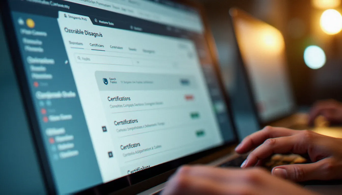Mains d'un utilisateur naviguant sur le portail officiel Mon Compte Formation pour rechercher une formation en ligne éligible au CPF