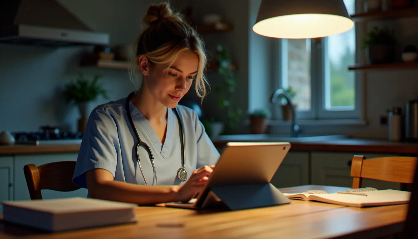 Infirmière libérale en zone rurale normande suivant une formation certifiante en ligne sur tablette depuis son domicile, exemple concret d'usage du CPF en distanciel