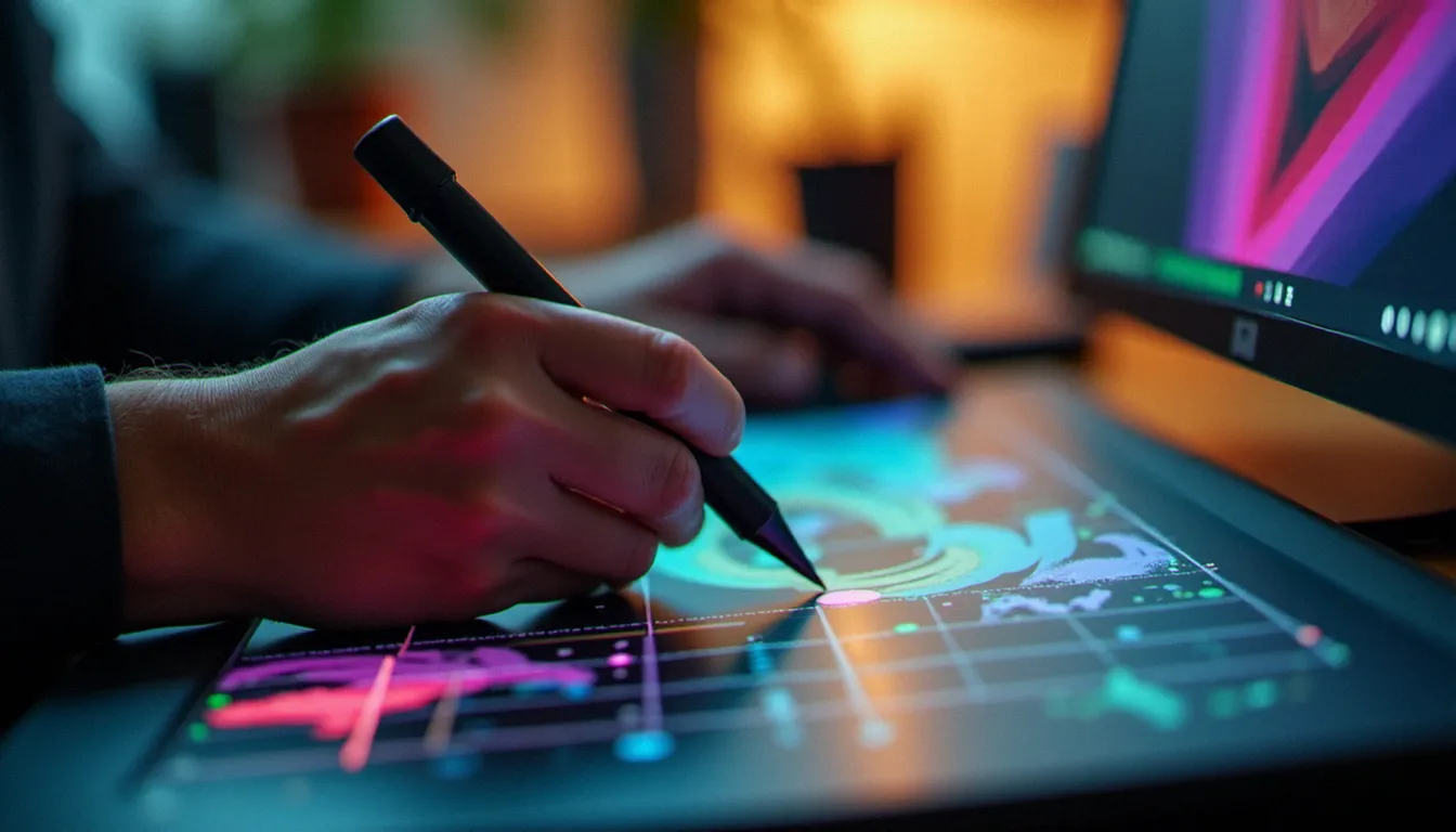 Mains d'un graphiste utilisant une tablette graphique pour créer des tracés vectoriels dans un logiciel de création graphique, illustrant la pratique d'Illustrator