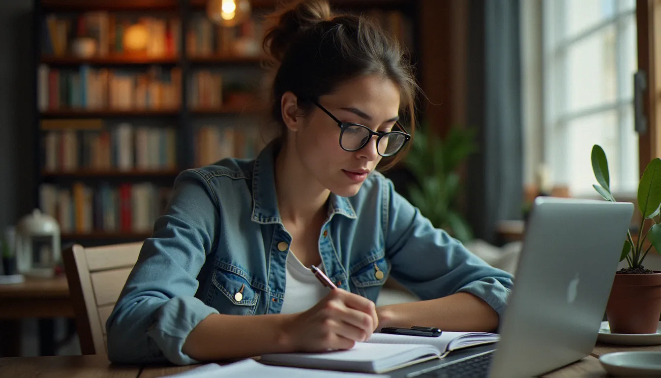 Adulte en formation en ligne sur ordinateur portable avec prise de notes manuscrites, dans un bureau à domicile, illustrant le parcours CPF pour se former à distance