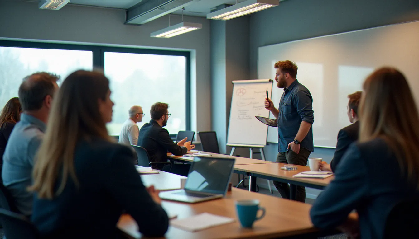 Des adultes en formation professionnelle de reconversion dans un centre de formation normand, illustrant un parcours financé en Basse-Normandie