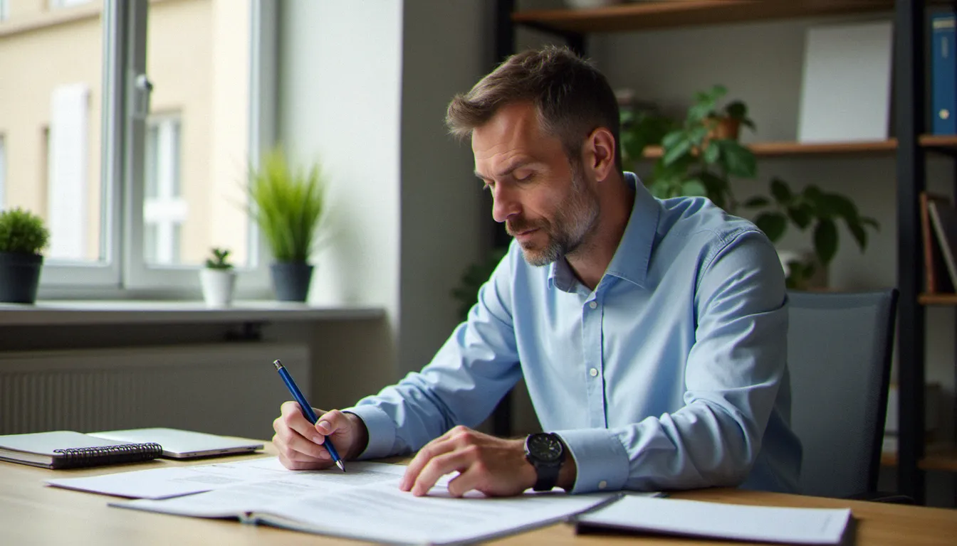 Un homme consultant des documents de formation pour une reconversion professionnelle financée par Pôle Emploi dans un bureau lumineux