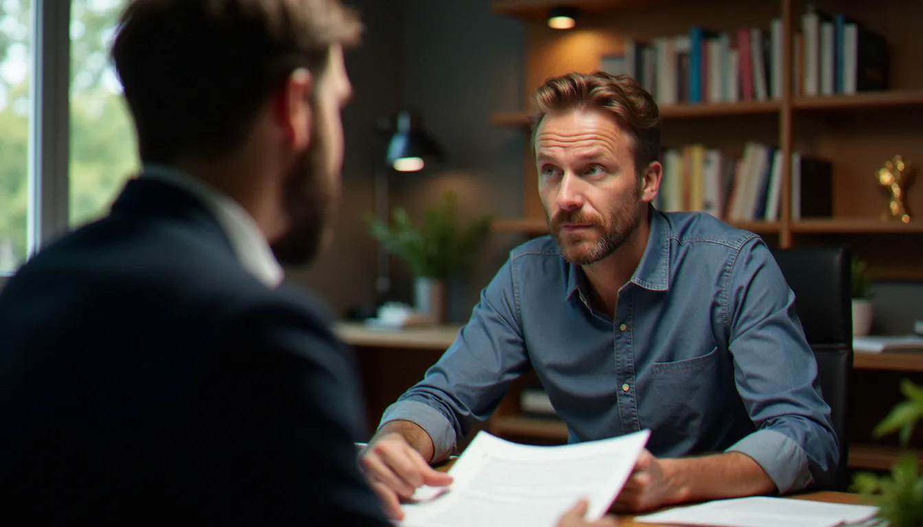 Un consultant en formation professionnelle discutant des critères de sélection d'un organisme de formation privée avec un client dans un bureau normand