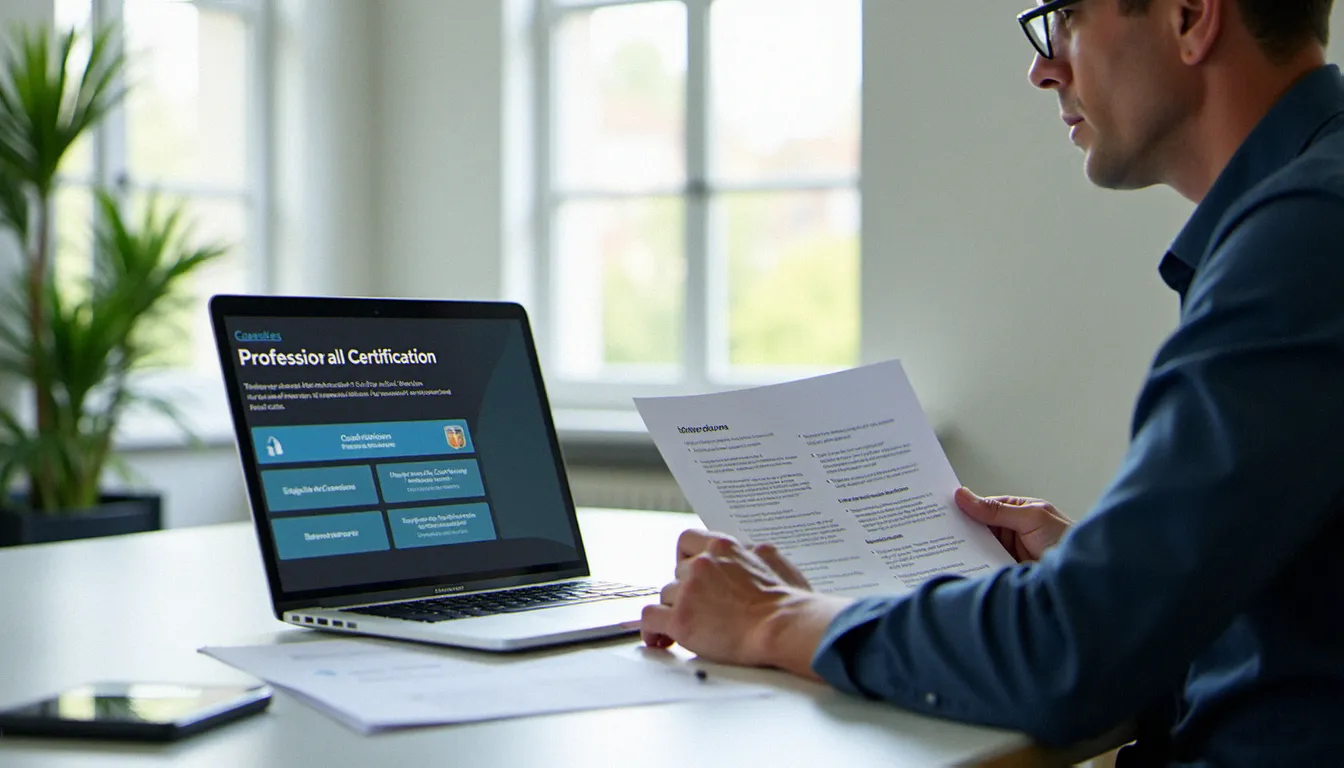 Un professionnel adulte consultant des supports de formation privée certifiante sur un bureau moderne dans un centre de formation normand