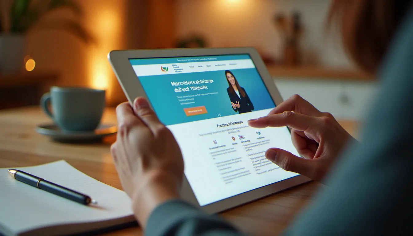 Mains d'un actif consultant le site Mon Compte Formation sur une tablette pour rechercher une formation réseaux sociaux finançable via le CPF