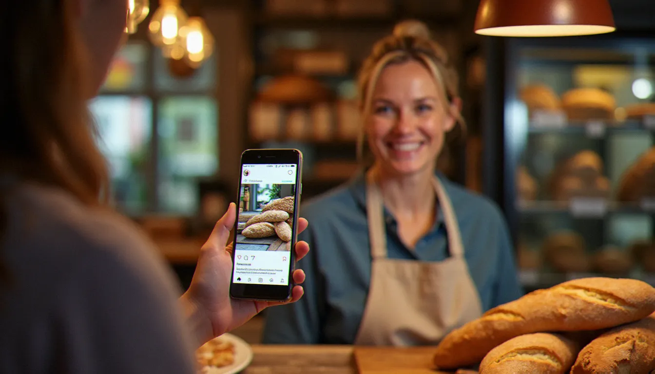 Une artisane boulangère normande gère son compte Instagram professionnel depuis sa boutique, exemple concret de l'impact d'une formation réseaux sociaux CPF pour les commerçants locaux