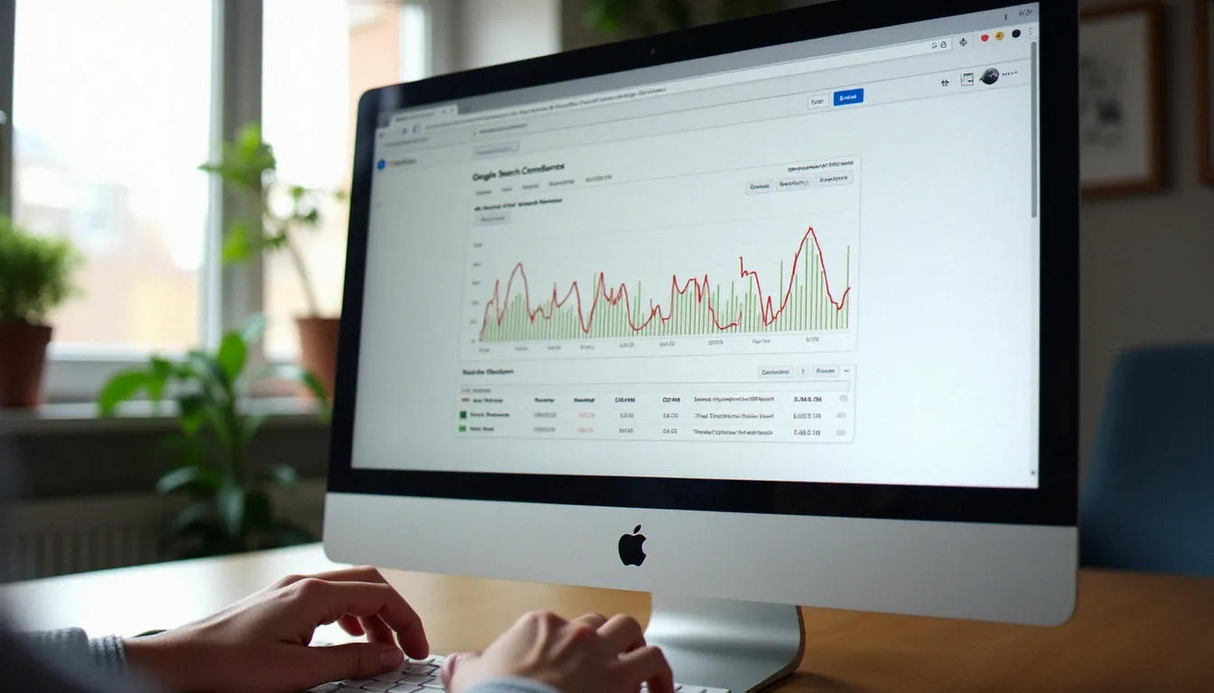 Tableau de bord Google Search Console affiché sur un écran d'ordinateur, illustrant les ressources gratuites disponibles pour apprendre le SEO