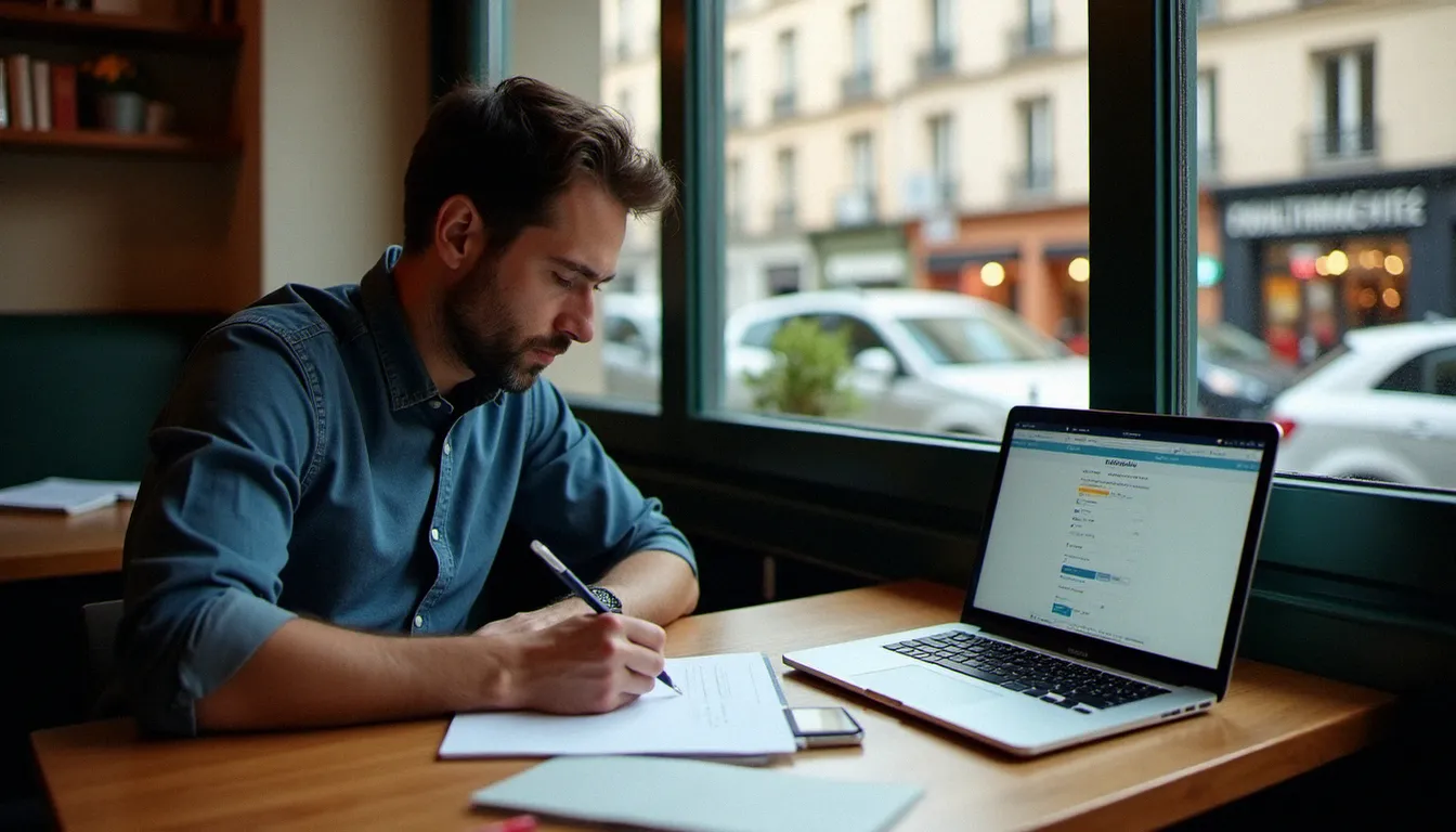 Un homme d'une quarantaine d'années prend des notes structurées dans un café tout en consultant un outil d'audit SEO sur son ordinateur portable