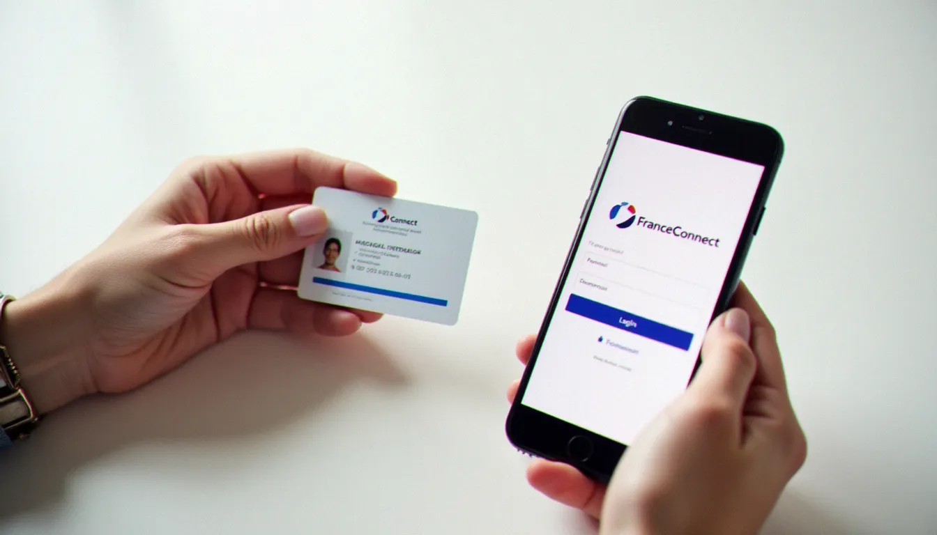 Mains tenant une carte d'identité française près d'un smartphone pour se connecter à Mon Compte Formation et accéder à ses droits CPF