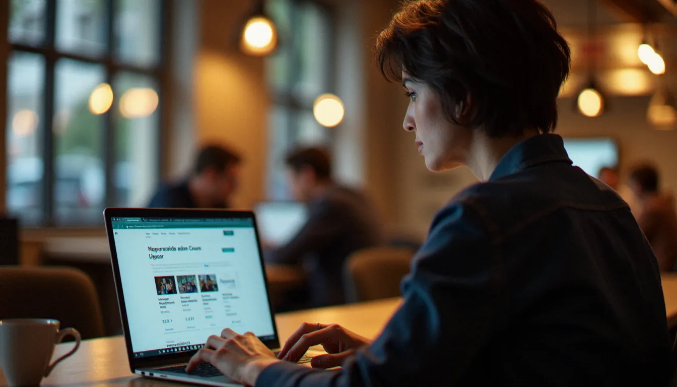 Femme consultant un catalogue de formations en ligne dans un espace de coworking, comparant les coûts de formations WordPress financées par le CPF