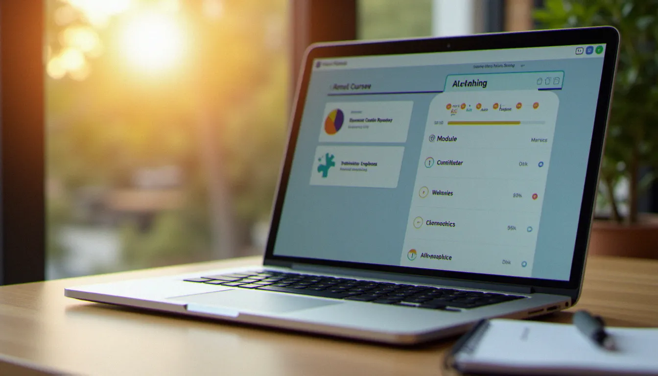 Interface d'une plateforme LMS sur écran d'ordinateur portable avec suivi de progression de formation en ligne et notes manuscrites