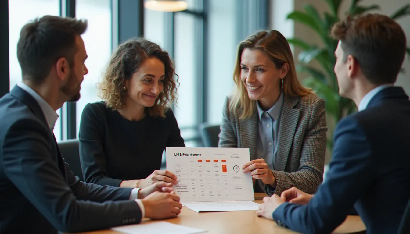 Responsable RH et dirigeante de PME comparant des solutions LMS learning management lors d'une réunion de sélection d'outil de formation