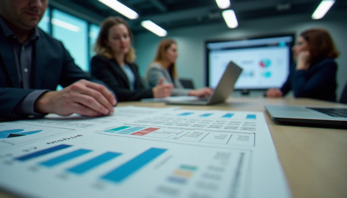 Responsable formation analysant des critères de comparaison de plateformes LMS lors d'une réunion de sélection d'outils e-learning