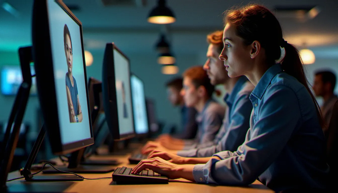 Groupe d'adultes en formation professionnelle suivant un parcours e-learning sur une plateforme LMS dans une salle informatique d'entreprise