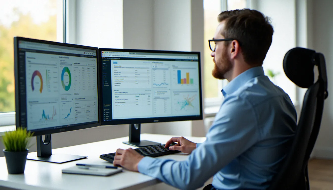 Consultant en formation professionnelle comparant des interfaces de meilleur LMS sur un écran d'ordinateur dans un bureau lumineux