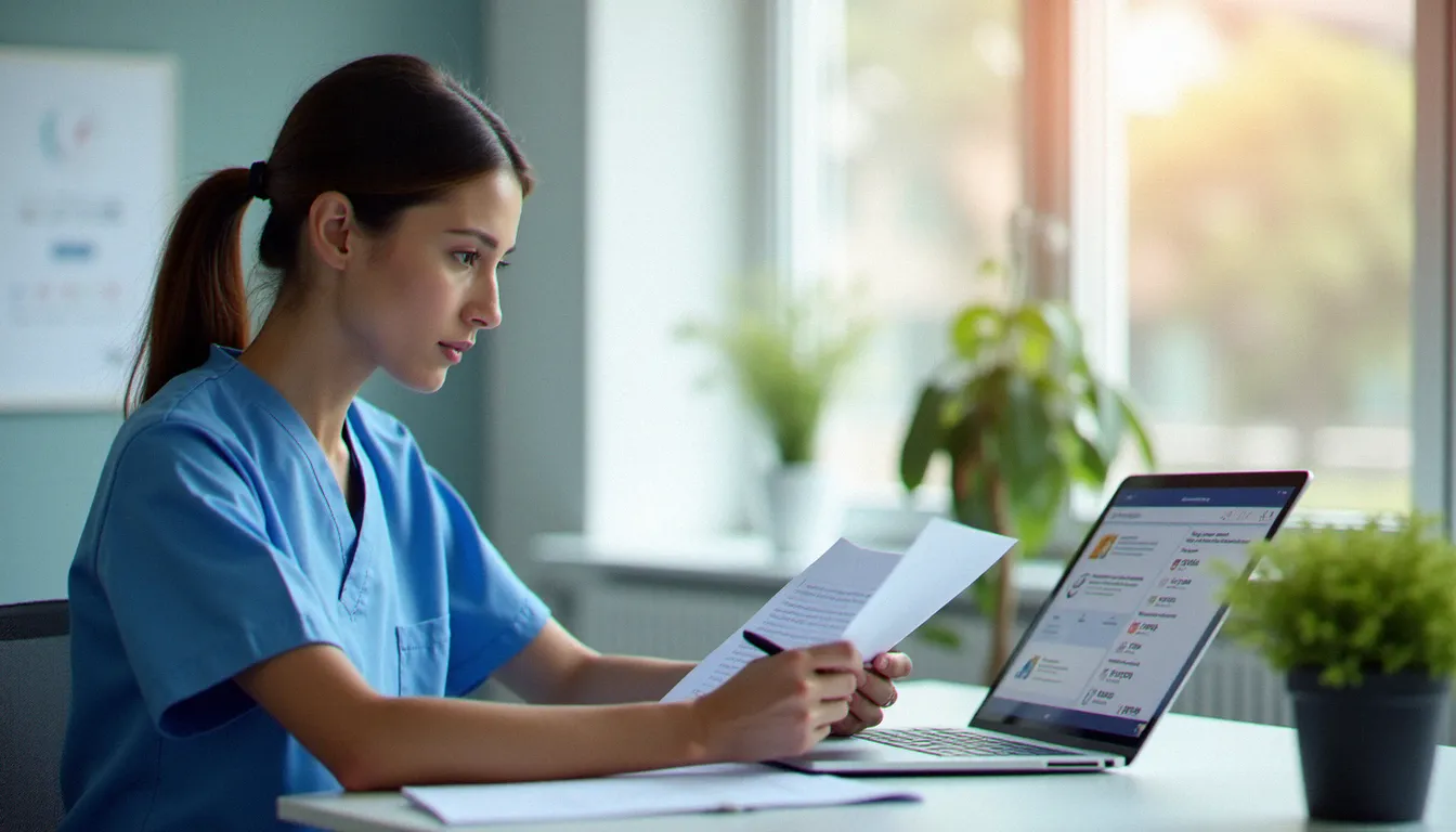 Professionnelle de santé consultant un dossier de formation OPCO Santé 2 sur ordinateur dans un bureau lumineux