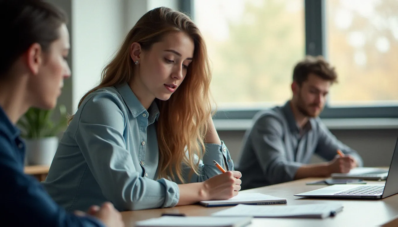 Stagiaire en formation professionnelle continue dans une salle de cours moderne, utilisant ses droits CPF pour financer une certification qualifiante
