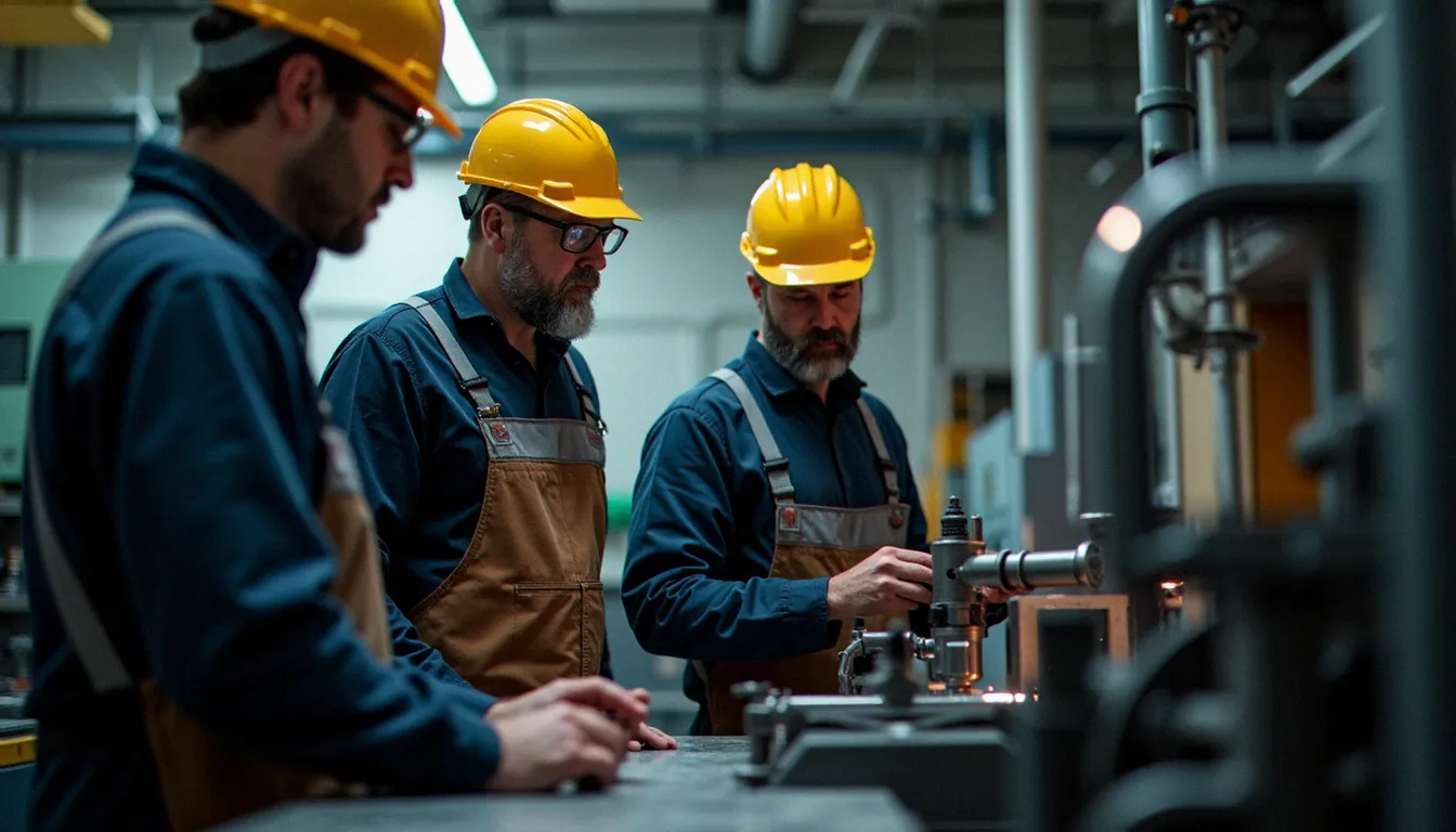 Stagiaire POEI en situation de formation pratique dans un atelier industriel normand, accompagné d'un formateur lors d'une mise en situation professionnelle