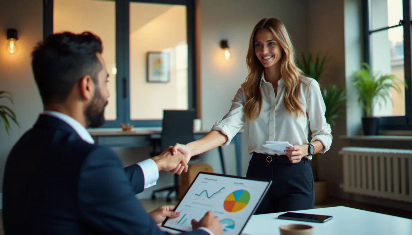 Professionnelle certifiée Power BI lors d'un entretien d'embauche réussi, illustrant l'impact de la power bi certification sur l'évolution de carrière