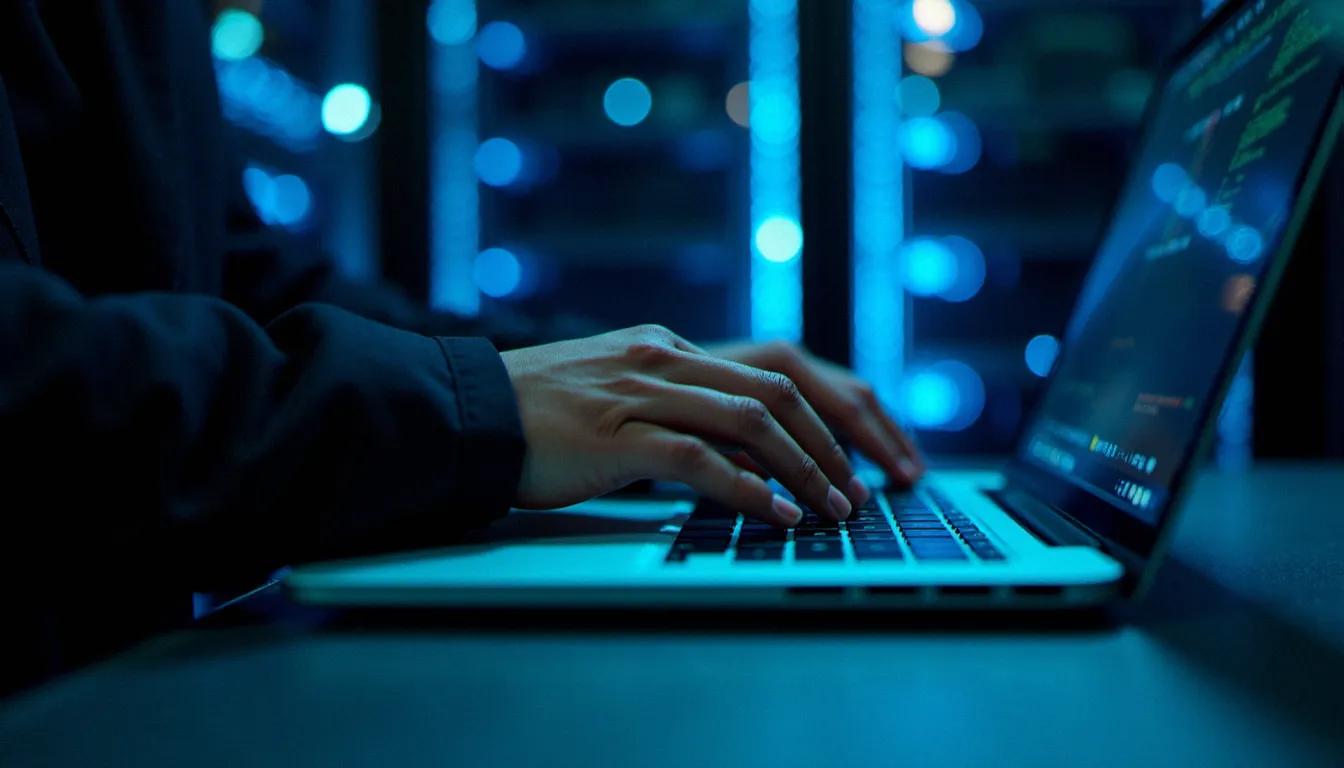 Technicien cybersécurité travaillant sur un ordinateur portable dans une salle serveurs éclairée par des LEDs bleues