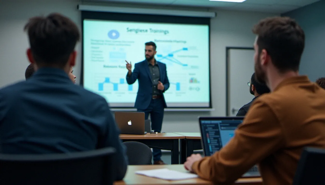 Groupe d'adultes en formation reconversion cybersécurité dans une salle de cours moderne avec un formateur au tableau