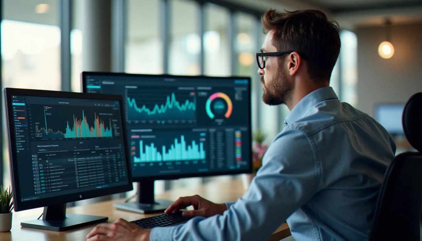 Professionnel en reconversion cybersécurité analysant des tableaux de bord de sécurité réseau sur deux écrans dans un bureau moderne