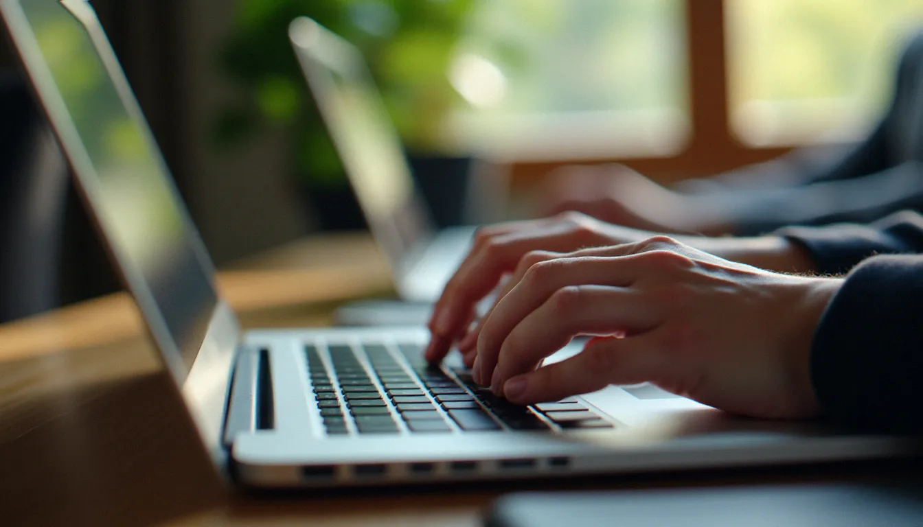 Mains d'un adulte utilisant un ordinateur portable pour accéder à sa formation en ligne financée par le CPF