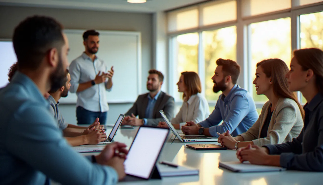 Des salariés en formation professionnelle certifiante financée par le CPF dans une salle de cours moderne, illustrant l'utilisation optimale du Compte Personnel de Formation
