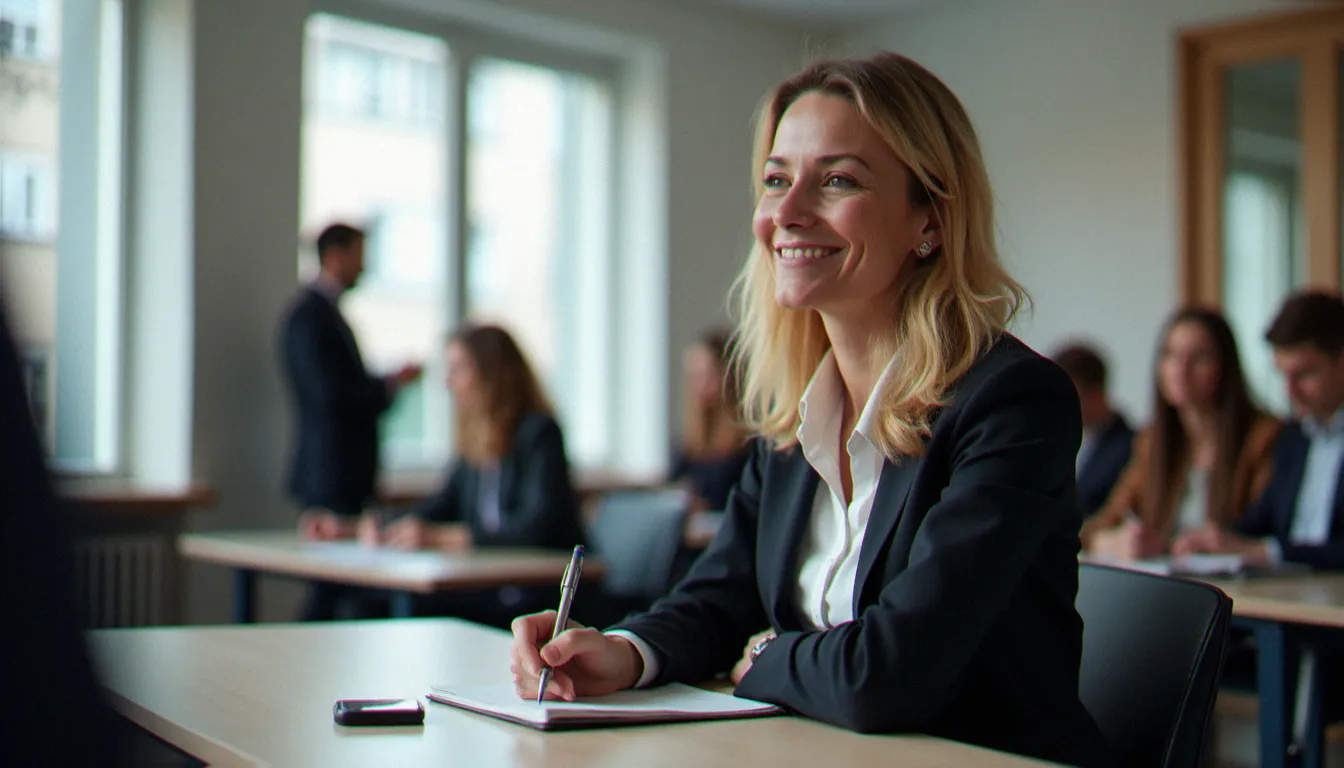 Participante adulte en formation professionnelle certifiante financée par CPF dans une salle de cours moderne, illustrant l'utilisation concrète du compte formation