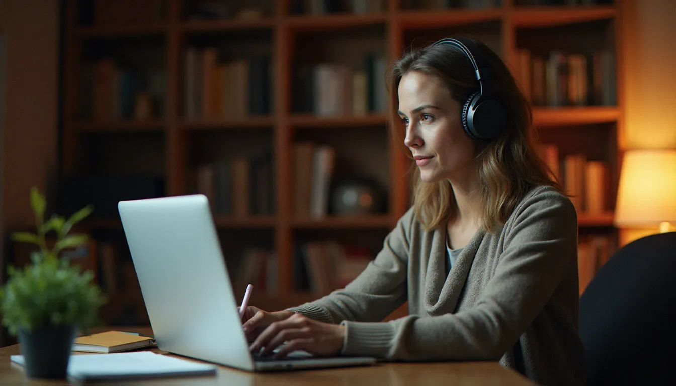 Une femme adulte participant à une classe virtuelle dans le cadre d'une formation à distance financée par le CPF