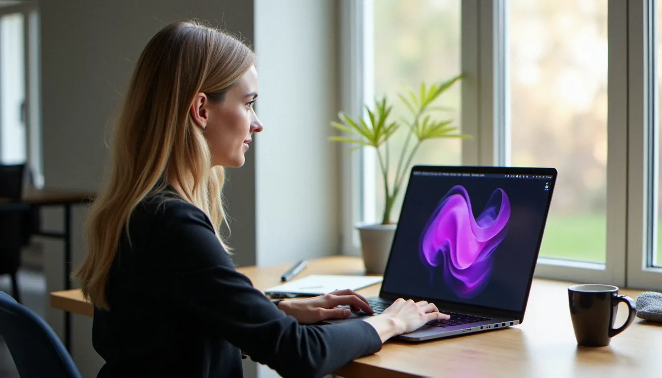 Une professionnelle utilisant une formation Canva sur son ordinateur portable dans un bureau moderne, illustrant la formation Canva CPF accessible en ligne
