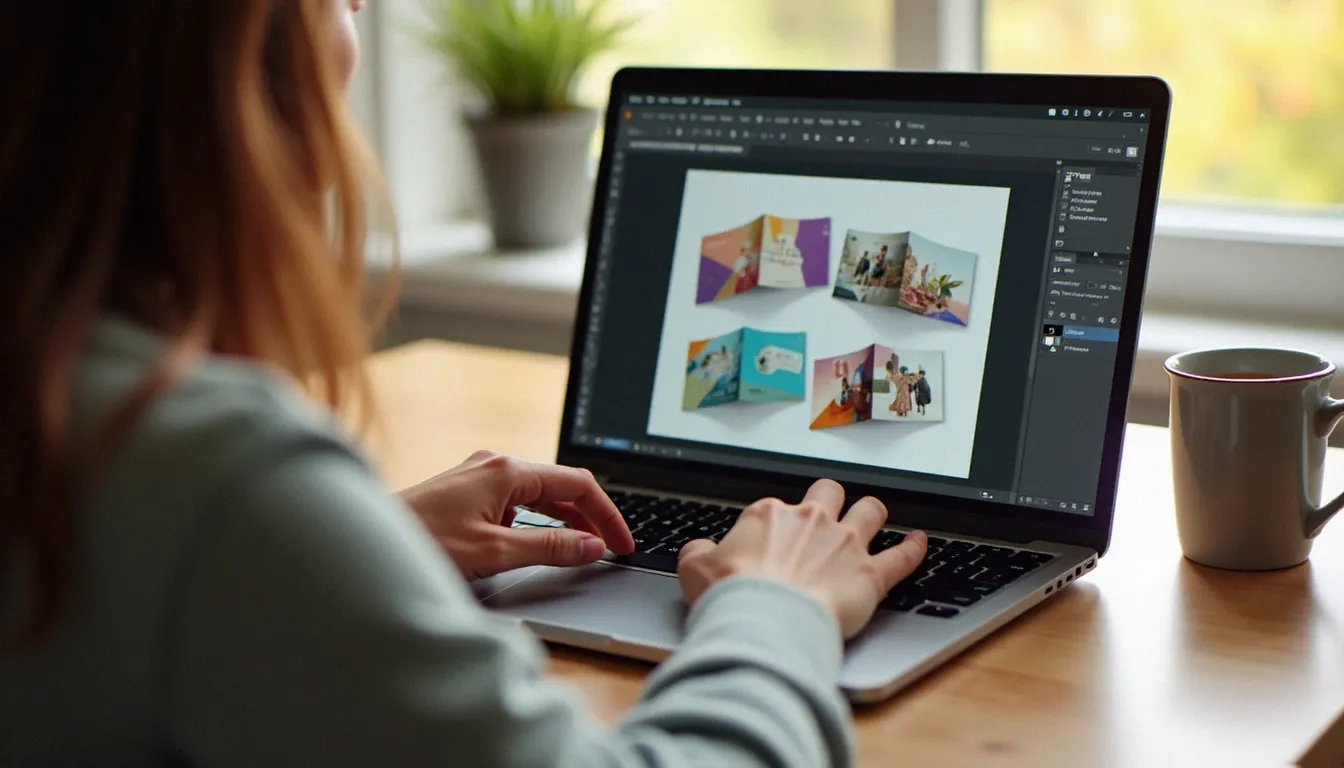 Mains d'une professionnelle travaillant sur un projet de mise en page dans Adobe InDesign, illustrant l'apprentissage pratique du logiciel