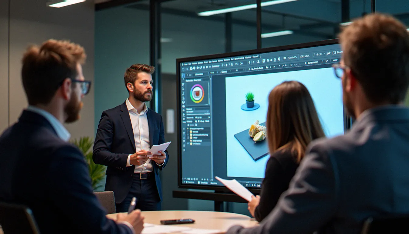 Session de formation professionnelle en présentiel sur les logiciels Adobe dans un espace de coworking moderne, illustrant une formation finançable par le CPF